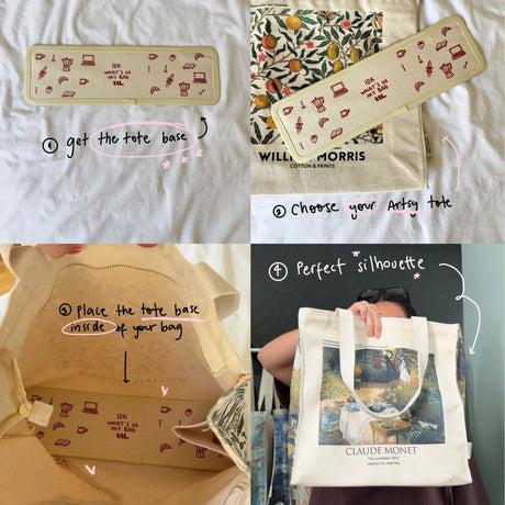 Steps to customize a tote bag with a base, design, and final product on a white background.